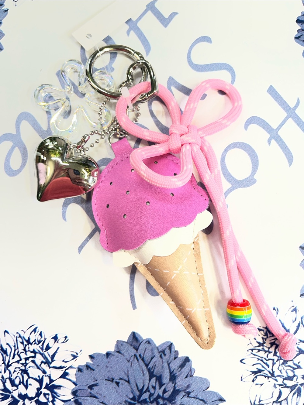 Cute Ice Cream Cone Keychain with Pink Bow